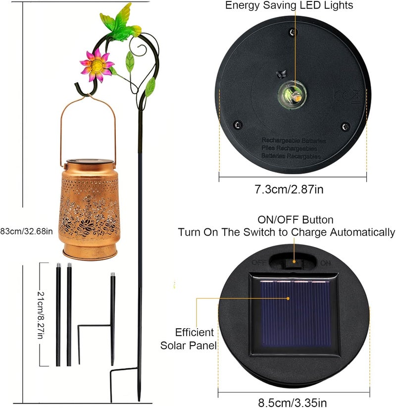 SANDECO 2 Pack Solar Lanterns Outdoor Hummingbird Garden Decor, Gifts for Mom Women Grandma Birthday, Waterproof Metal Hanging Solar Lights with Shepherd Hook LED Decorative Outside for Yard Patio Lawn Porch - Image 4